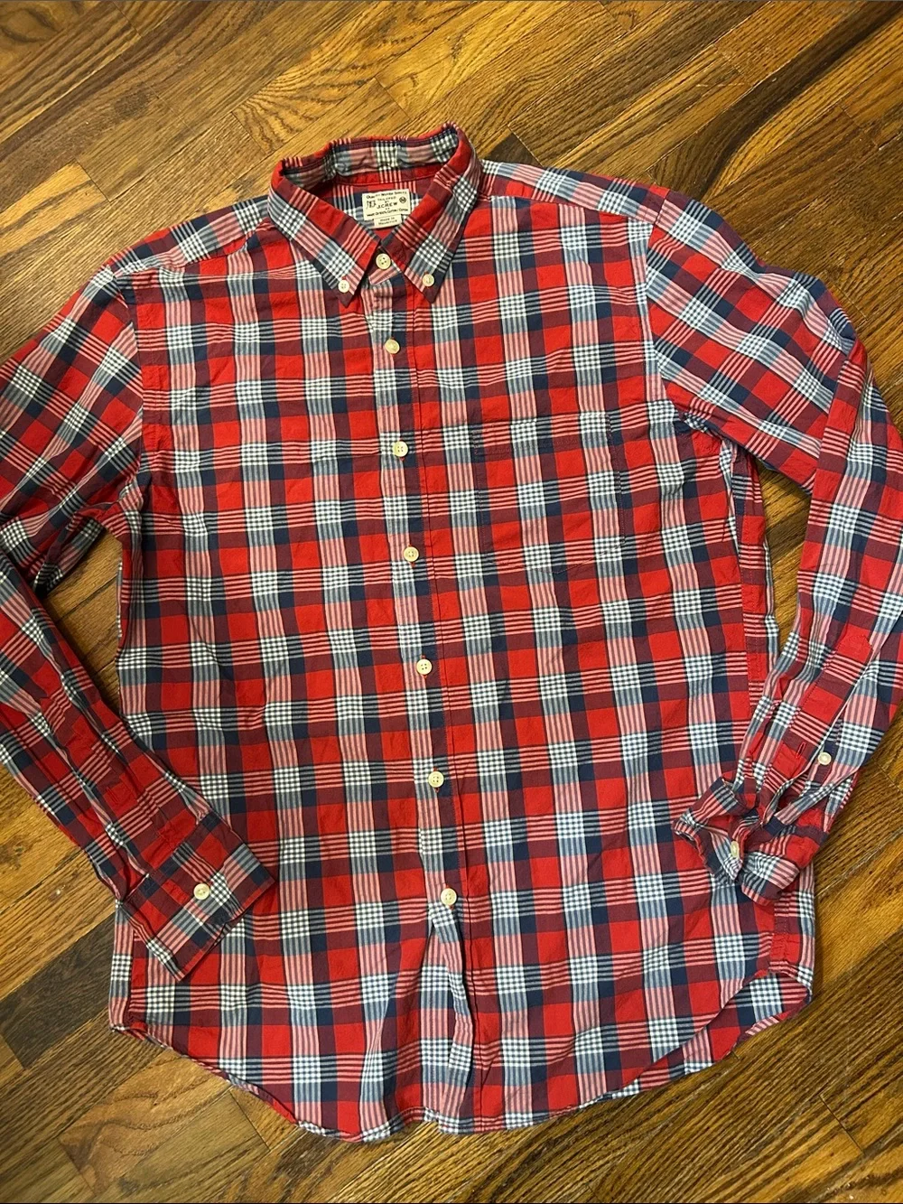 J. Crew Red Plaid Button-Down Shirt with Navy and White Checks